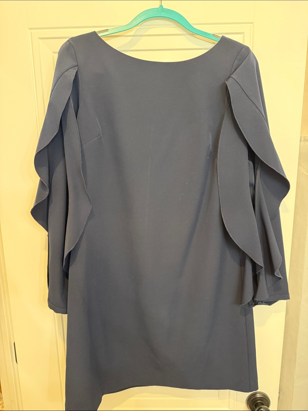 Vince Camuto Navy Ruffle-Sleeve Long Sleeve Shift Dress